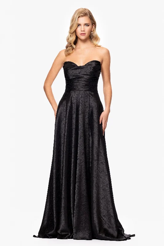 Members Only "Raquel" Long Strapless Jacquard Gown