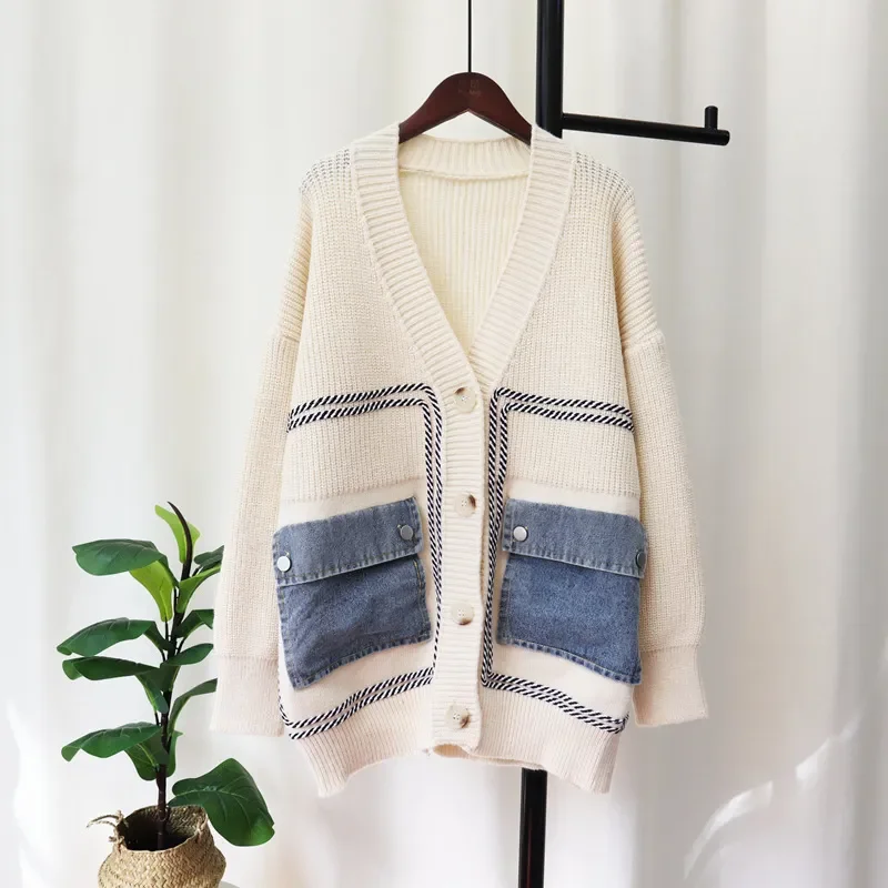 Limited Availability Women  Loose Stitching Denim Knit Cardigan