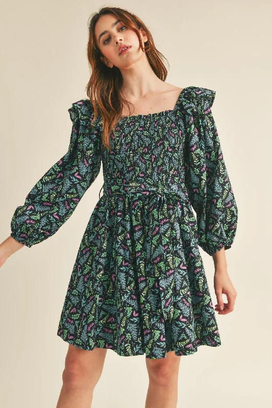 Deal Alert Magenta and Turquoise Leaf Ruffle Sleeve Mini Dress