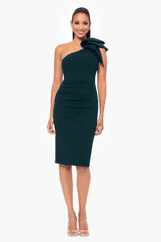 Instant Discount "Sheila" Knee Length Scuba Crepe One Shoulder Ruffle Dress