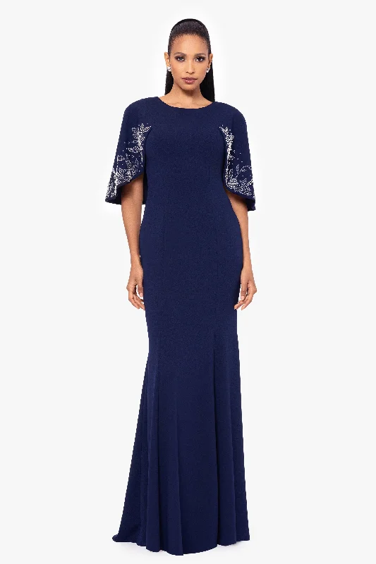 Year-End Sale "Doris" Long Scuba Crepe Embellished Beaded Cape Dress